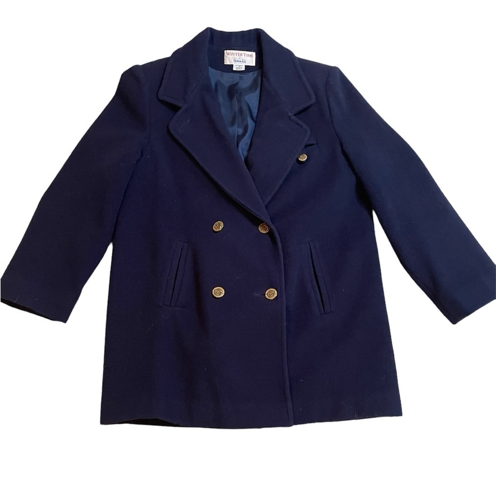 Winter Time by Herman Kay wool coat navy gold buttons sz 8 woman vintage VTG